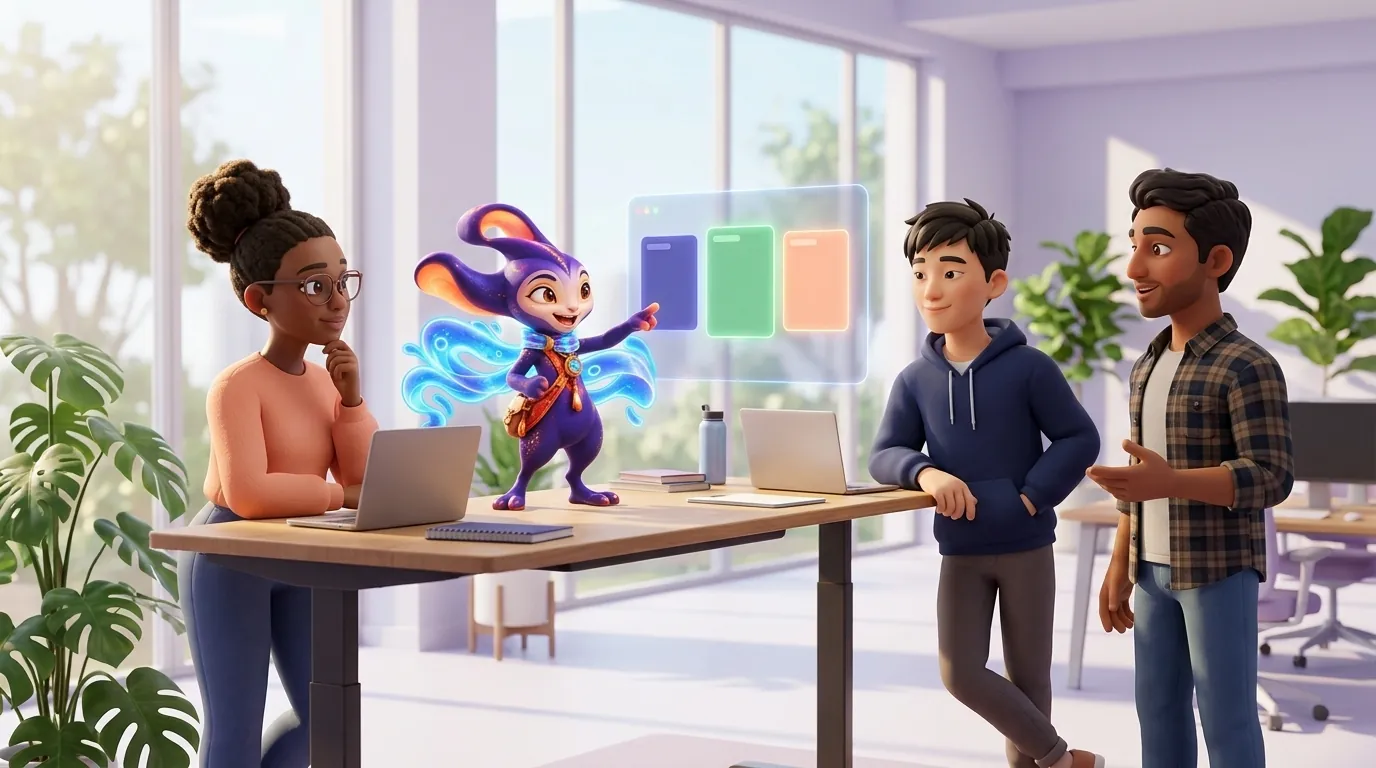 Software developers in a standup meeting sharing status updates around a board
