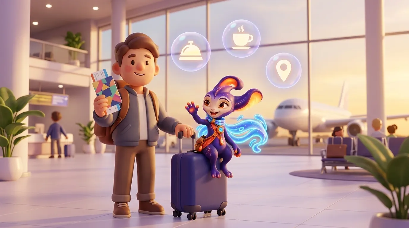 Traveler at airport terminal check-in counter with suitcase and passport