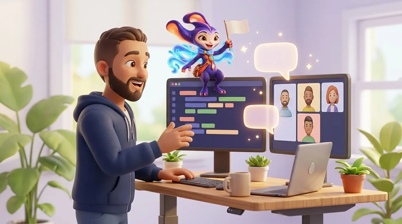 Equipe de desenvolvedores em roda de daily standup com quadro de tarefas flutuante